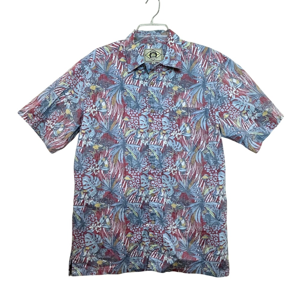 Scully Button Down Shirt Mens Medium Red Blue Tropical Toucan Floral Cotton